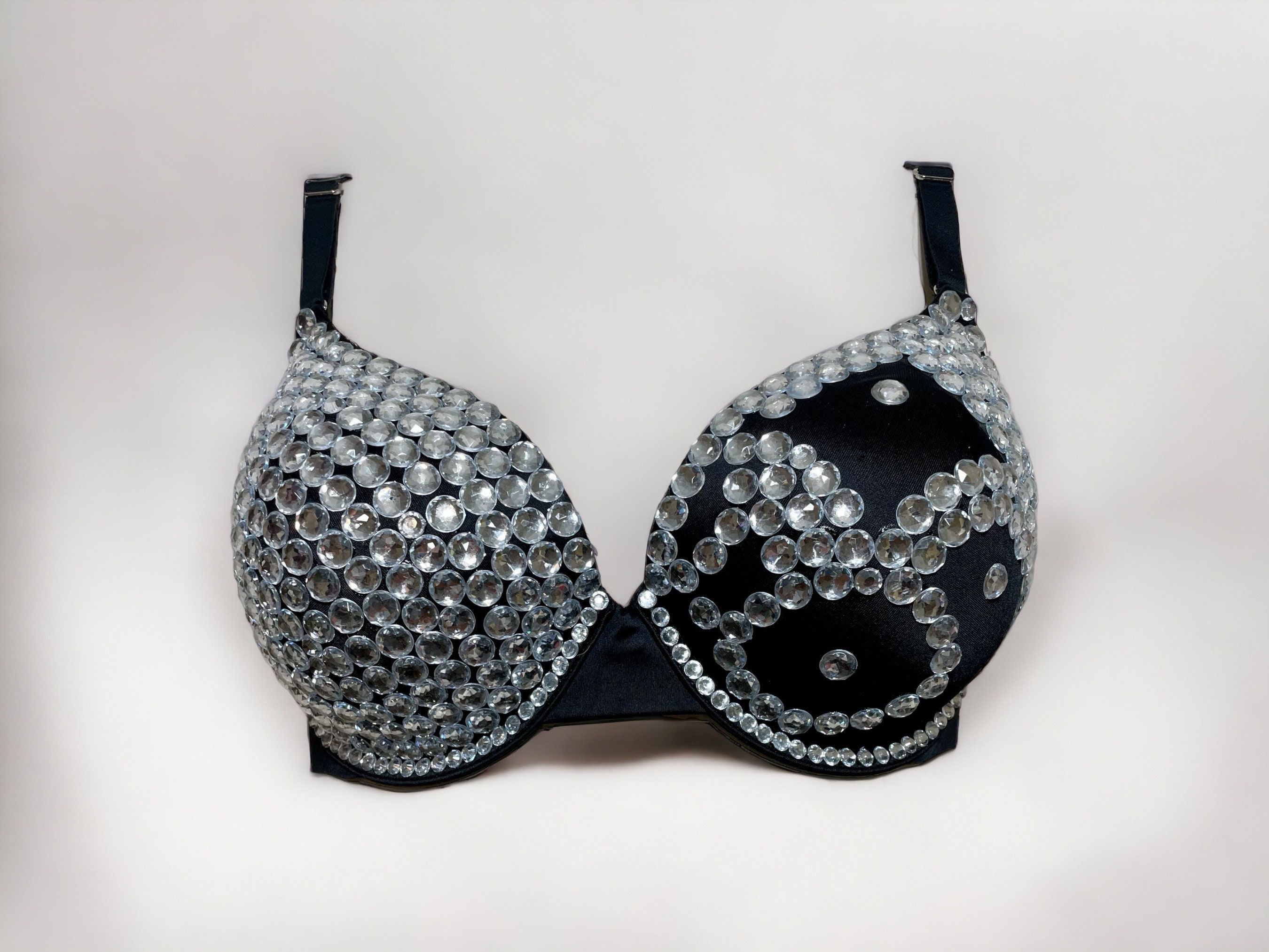 Embellished Black Bra Lg Clear Acrylic Rhinestones Size 36C 