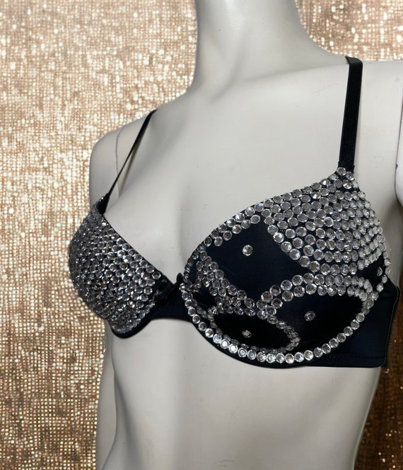 Black Bra, Clear Resin Rhinestone Embellished, Abstract Design on Cup Size  32B 