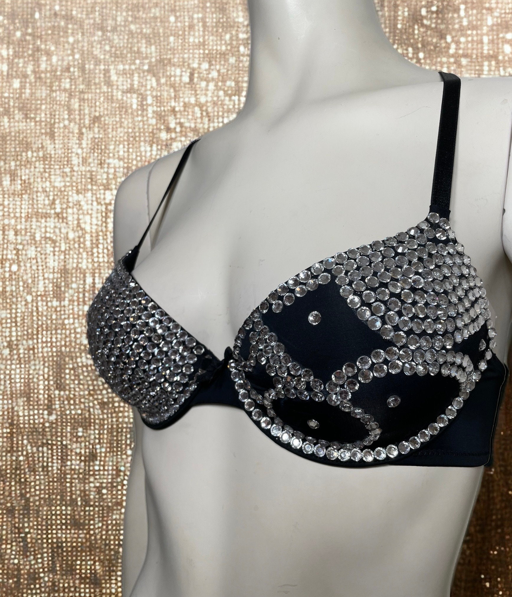 Black Bra, Clear Resin Rhinestone Embellished, Abstract Design on