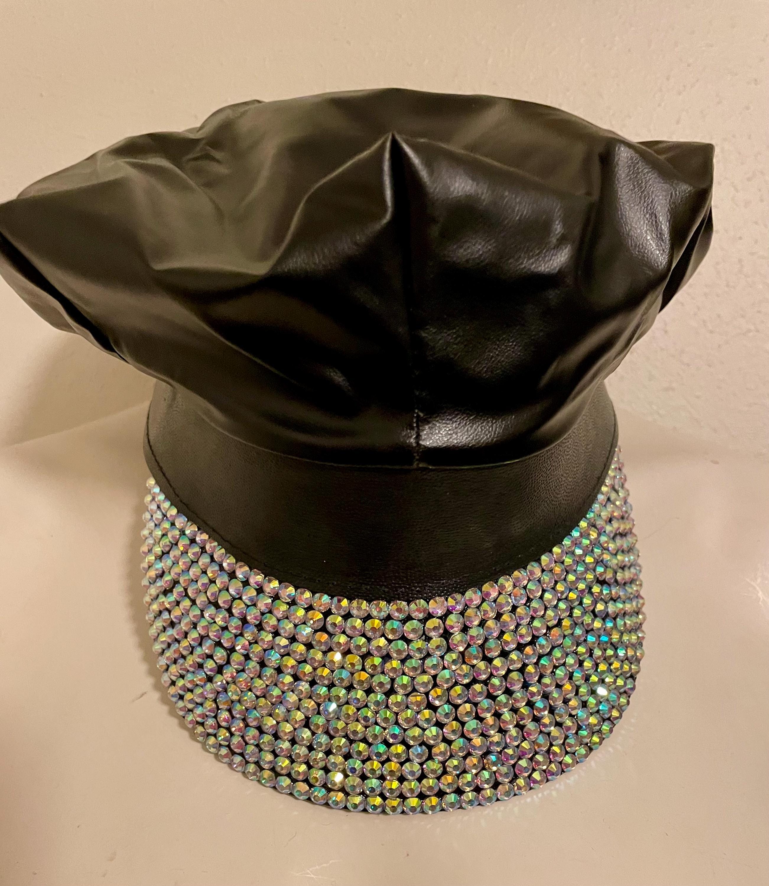 Rhinestone Faux Leather Newsboy Hat Dance Costume Accessory Black AB Crystal Iridescent Black Cowboy Hat: Disco Space Cowgirl Costume  main image 4