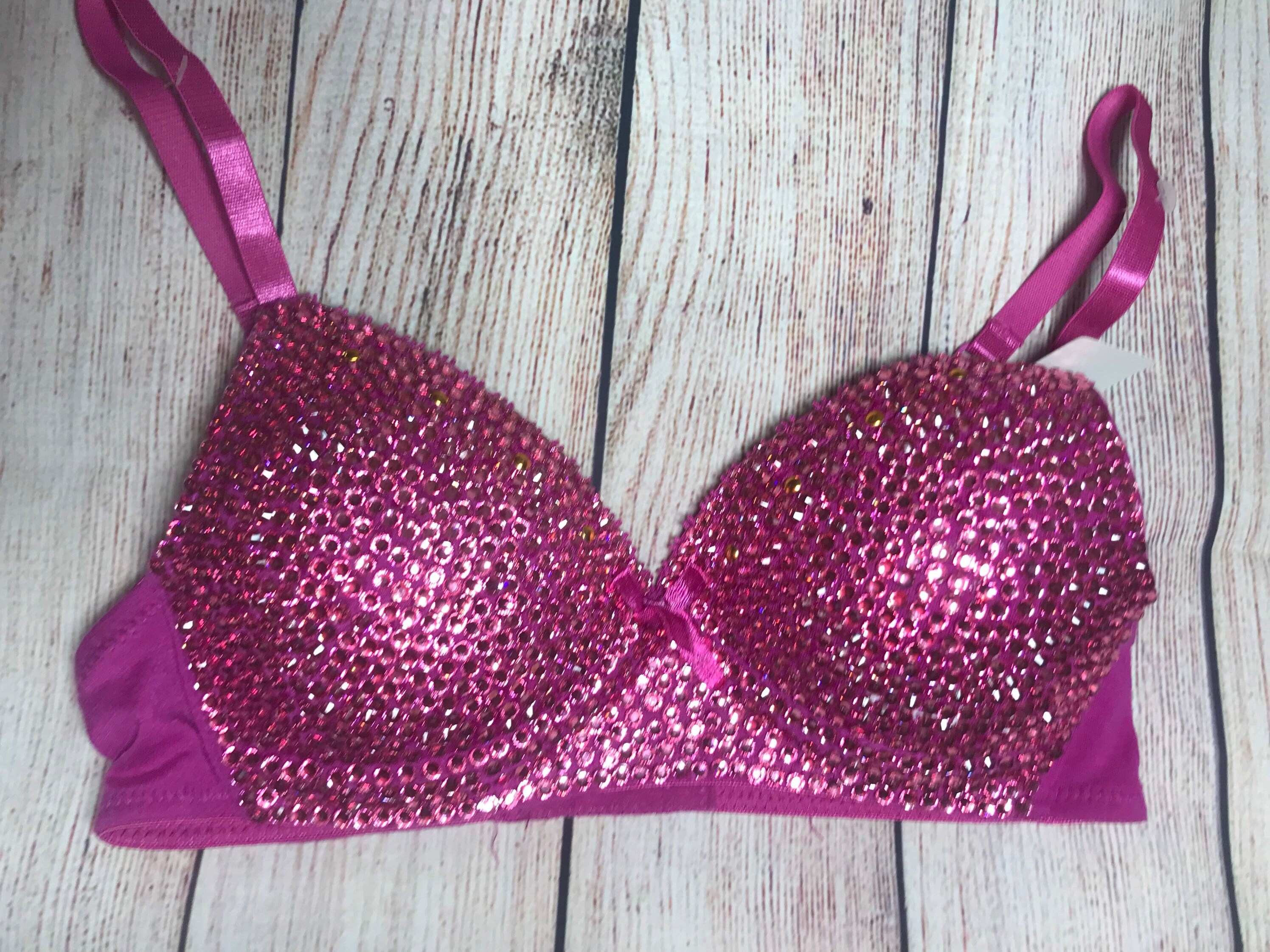 Pink Rhinestone Embellished Bra size 30a 30b or 32A Etsy