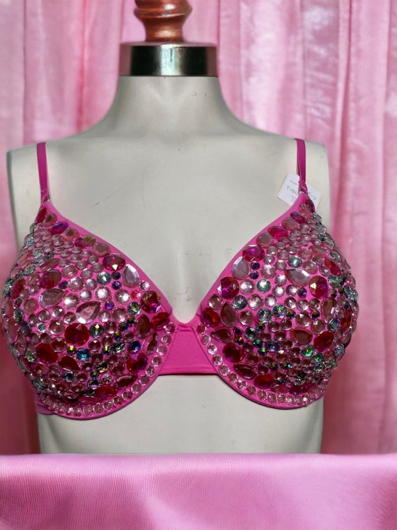 Pink Rhinestone Embellished Bra, Size 32DD 