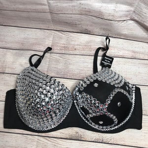 Rhinestone Embellished Flame / Fire, Black Bra, Size 40D and Black Thong -   UK