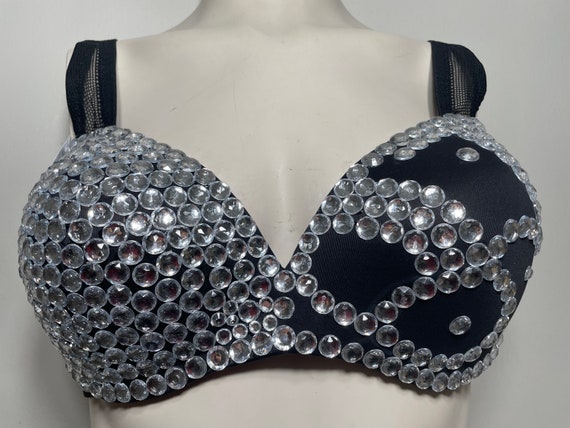 Clear Acrylic Rhinestone Embellished Black Convertible Bra, Maidenform Size  38C, Abstract Design 