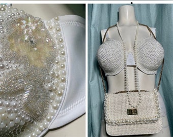 White Bra Embellished with Sequin Floral Appliqué and Faux Pearl Beads size 38DD, bag and beads