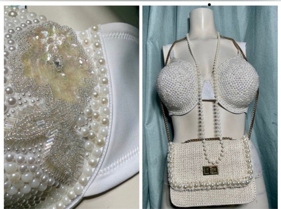 White Bra Embellished With Sequin Floral Appliqué and Faux Pearl