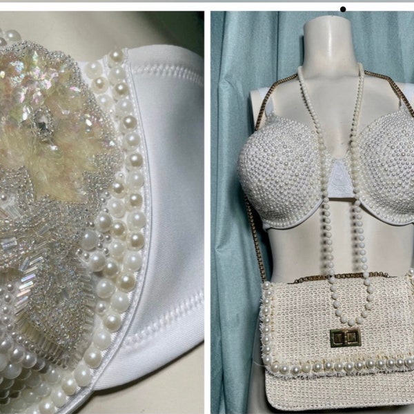White Bra Embellished with Sequin Floral Appliqué and Faux Pearl Beads size 38DD, bag and beads