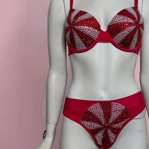 Red Rhinestone and White Pearl Bead Embellished Swirl Bra, 36C / size M Thong (sold separately)