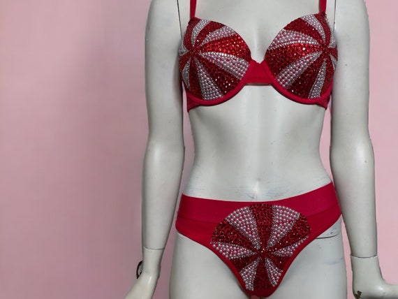 Red Rhinestone and White Pearl Bead Embellished Swirl Bra, 36C / Size M  Thong sold Separately 