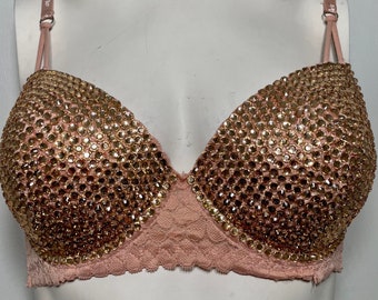 Champagne Rhinestone Embellished Bra  / Burlesque Costume Bra Top 34A