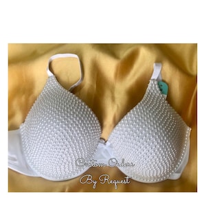 Sale - White Bra with Pearl bead embellished cups, Size 38B