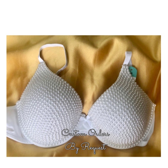 White Bra With Pearl Bead Embellished Cups, Size 38B 