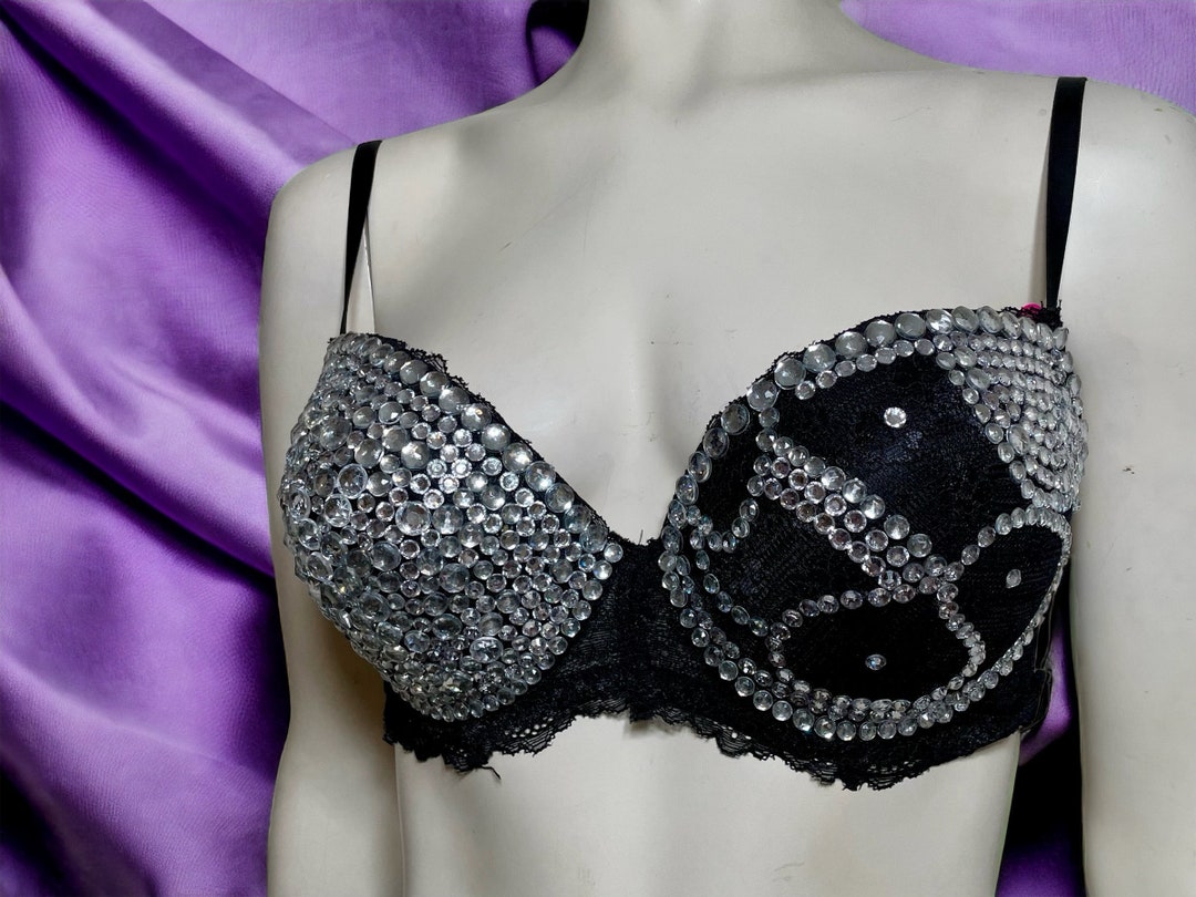 Rhinestone Embellished Convertible Black Bra, Size 34DD 