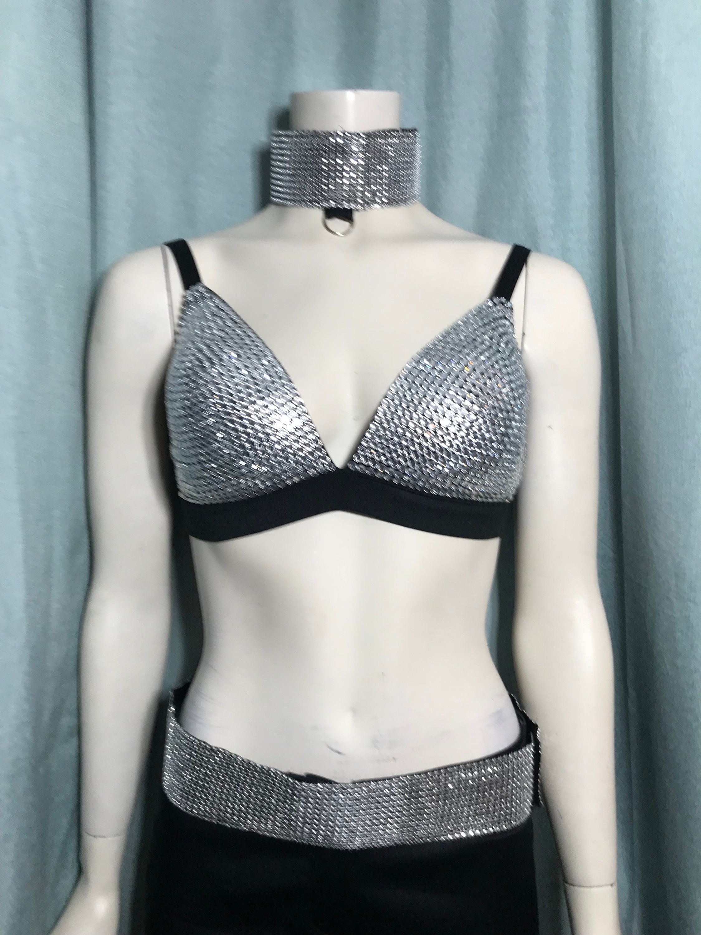 Rhinestone Embellished Black Bra Wire Free Triangle Bra 32DD