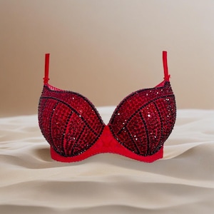 32D Lace Balconette Red and Black Resin Rhinestone Bra, Eve&#39;s Temptation  Rave / Festival / Burlesque bra (top only)