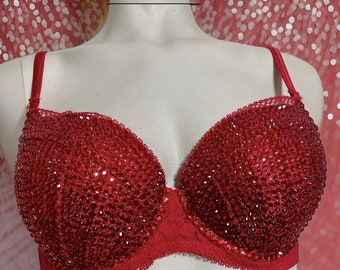 Red Rhinestone Embellished Push-up Bra 32D, 34C or 36B