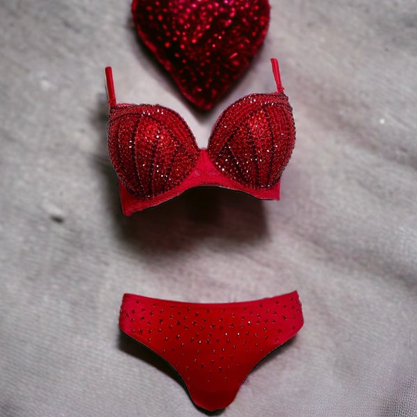 Red Rhinestone Push-up Bra, Size 36B, (thong sold separately)