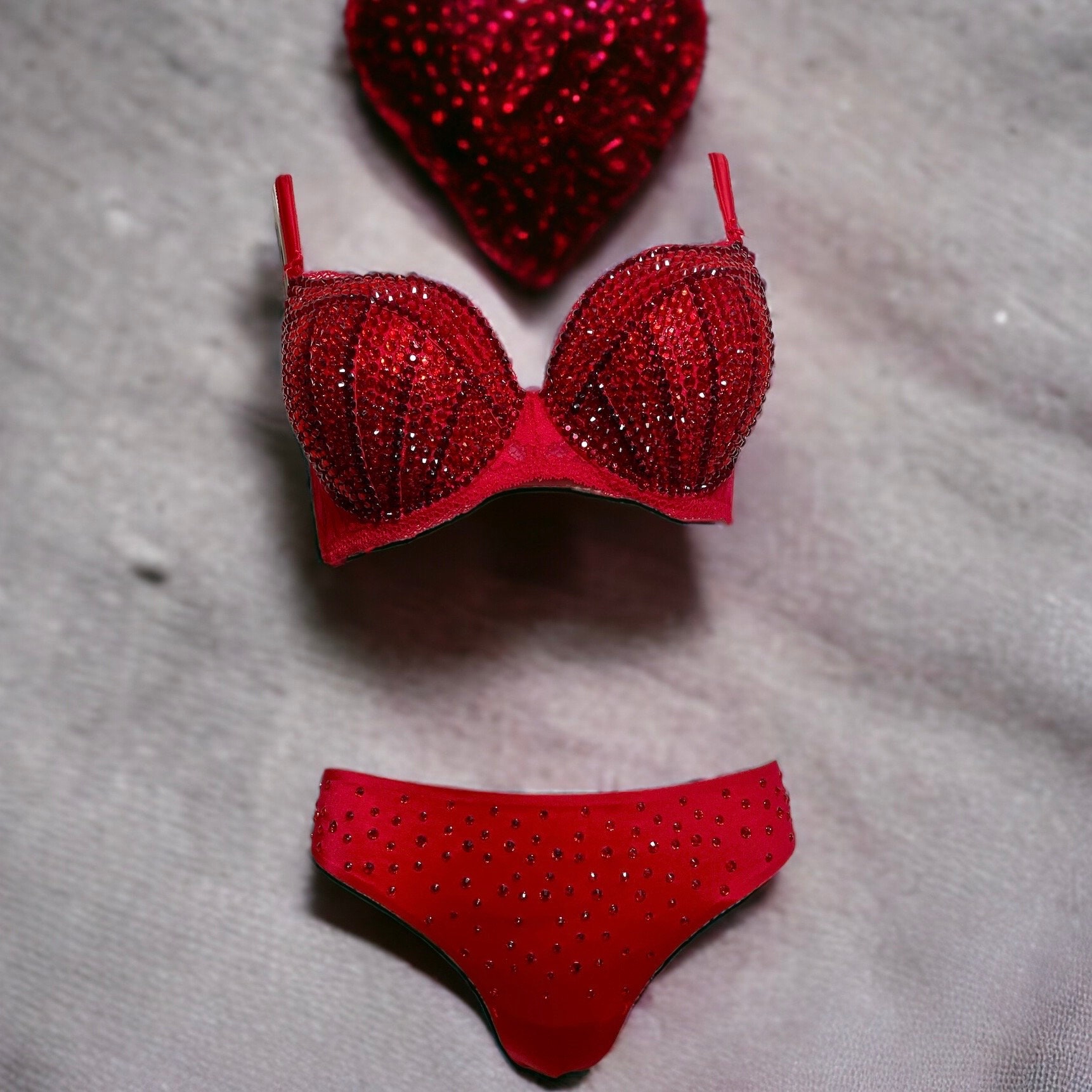 Red Rhinestone and Sequin Appliqué Embellished Push-up Bra, Size