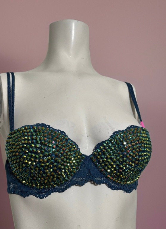 Green AB Rhinestone Embellished Bra With Pom Pom Trim Size 32B and Size S  Green Lace Thong 