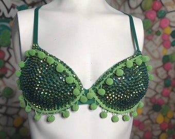 Green AB Rhinestone Embellished Bra with Pom Pom Trim Size 32B and size s green lace Thong