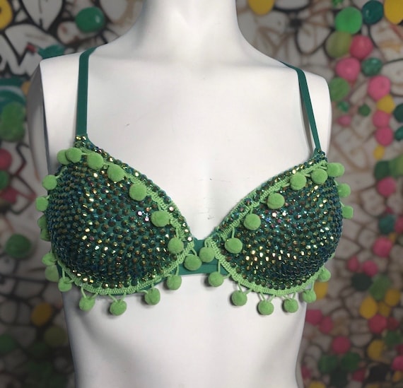 Green AB Rhinestone Embellished Bra With Pom Pom Trim Size 32B and Size S  Green Lace Thong 