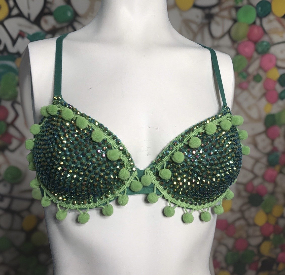 Green AB Rhinestone Embellished Bra With Pom Pom Trim Size 32B and