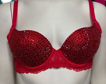 Red Rhinestone Embellished Push-up Bra, 32B