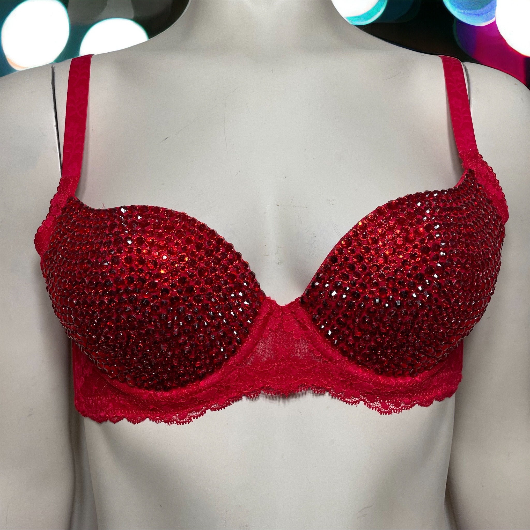 Red Rhinestone Embellished Push-up Bra, 32B 