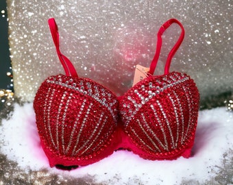 Red & White Rhinestone Embellished, Push-up Bra Top, Size 32D