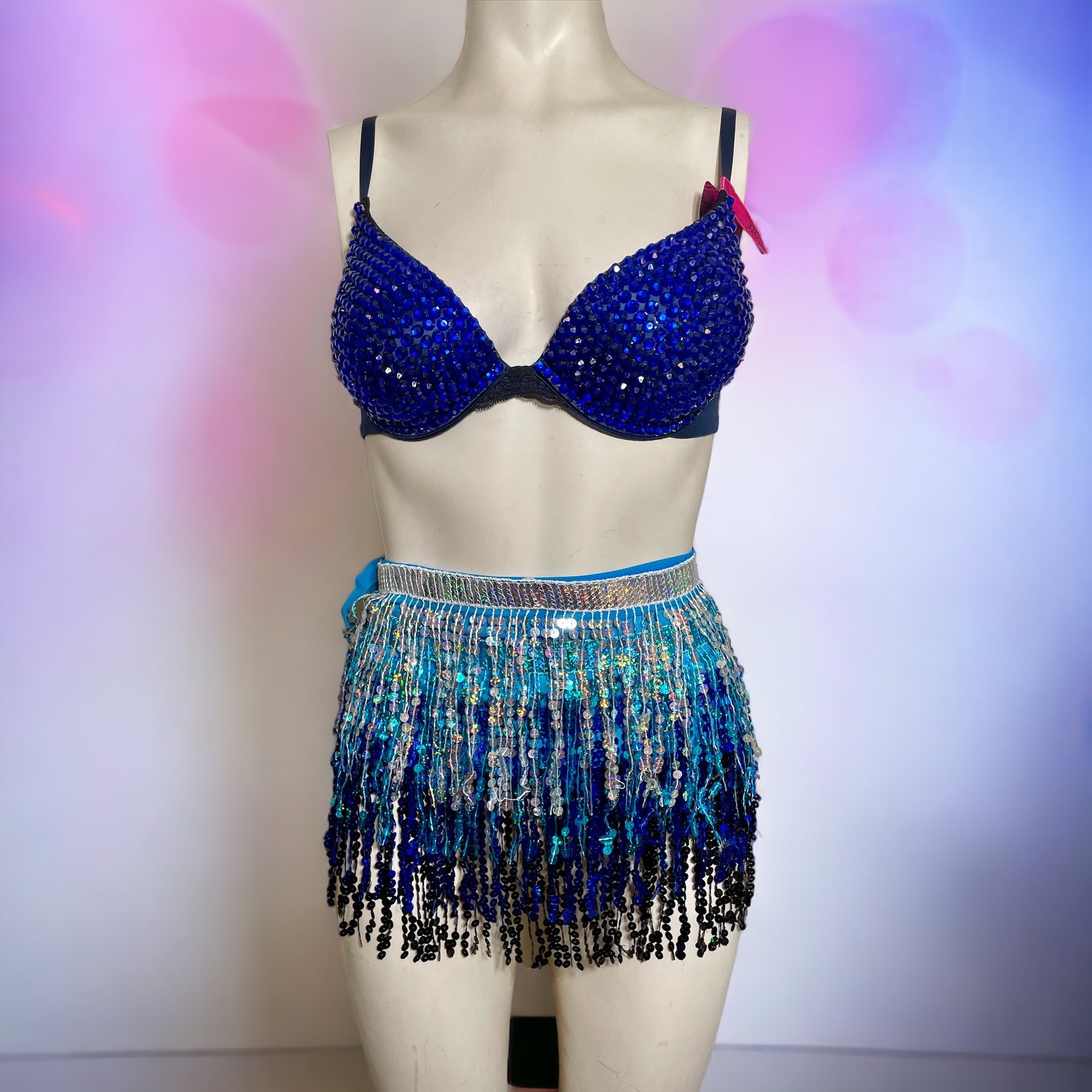 Royal Blue Beaded Bra With Pearl Accents And Matching Pants