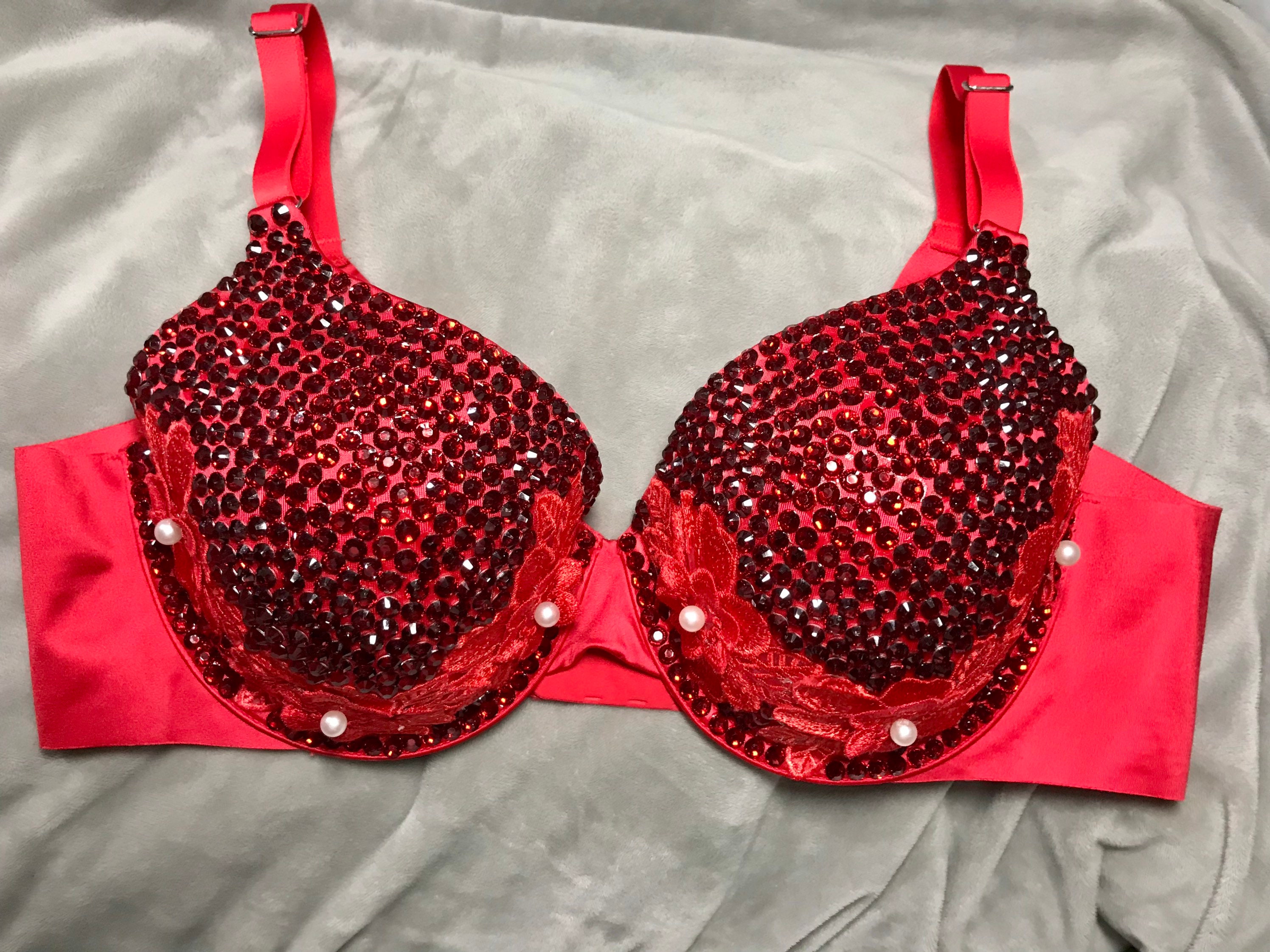 Red Rhinestone and Sequin Appliqué Embellished Push-up Bra, Size