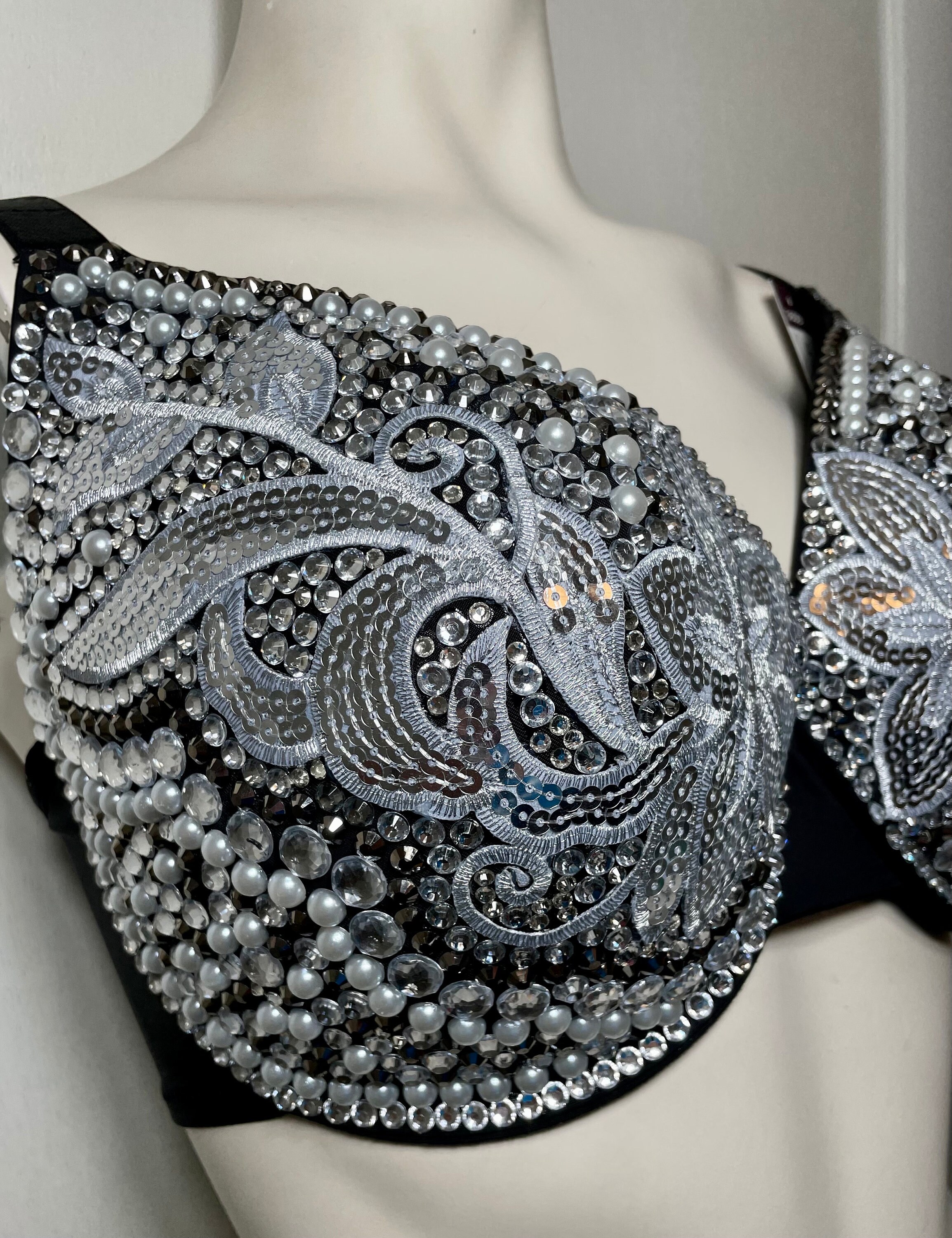 Black Bra Embellished With Silver Sequin Floral Appliqué