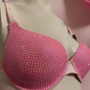 Rose Neon (Petal Pink) Glass Rhinestone Embellished Rave/Festival/Burlesque  Bra Top, 34B
