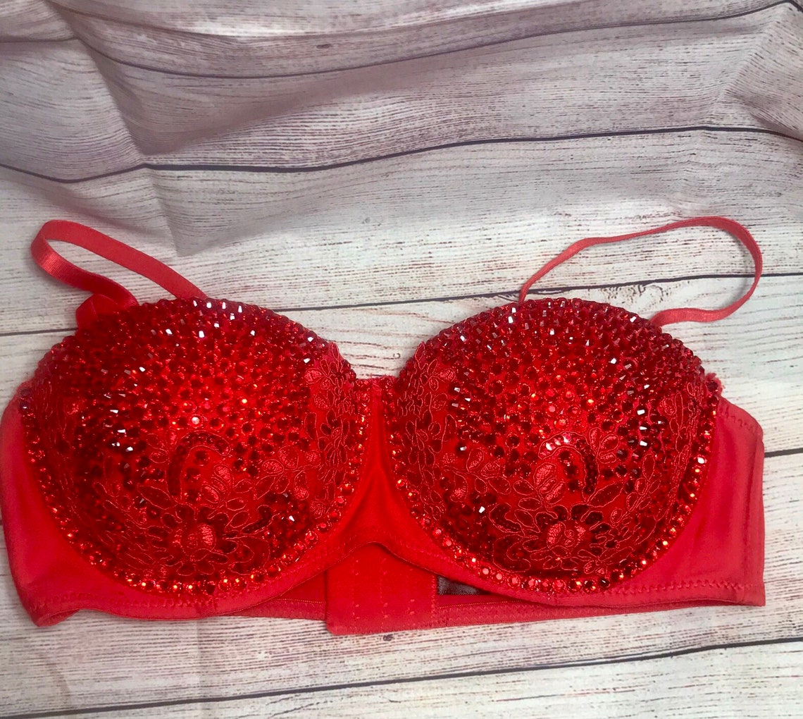 Red Bra Top Sequin floral Appliqué & Rhinestone embellished Etsy