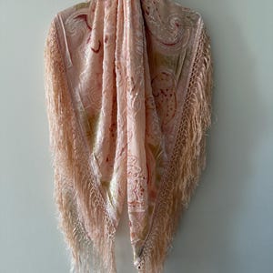 May include: A light pink shawl with a paisley pattern and fringe trim. The shawl is made of a soft, velvety material and is hanging against a white wall. The fringe is a matching light pink color.