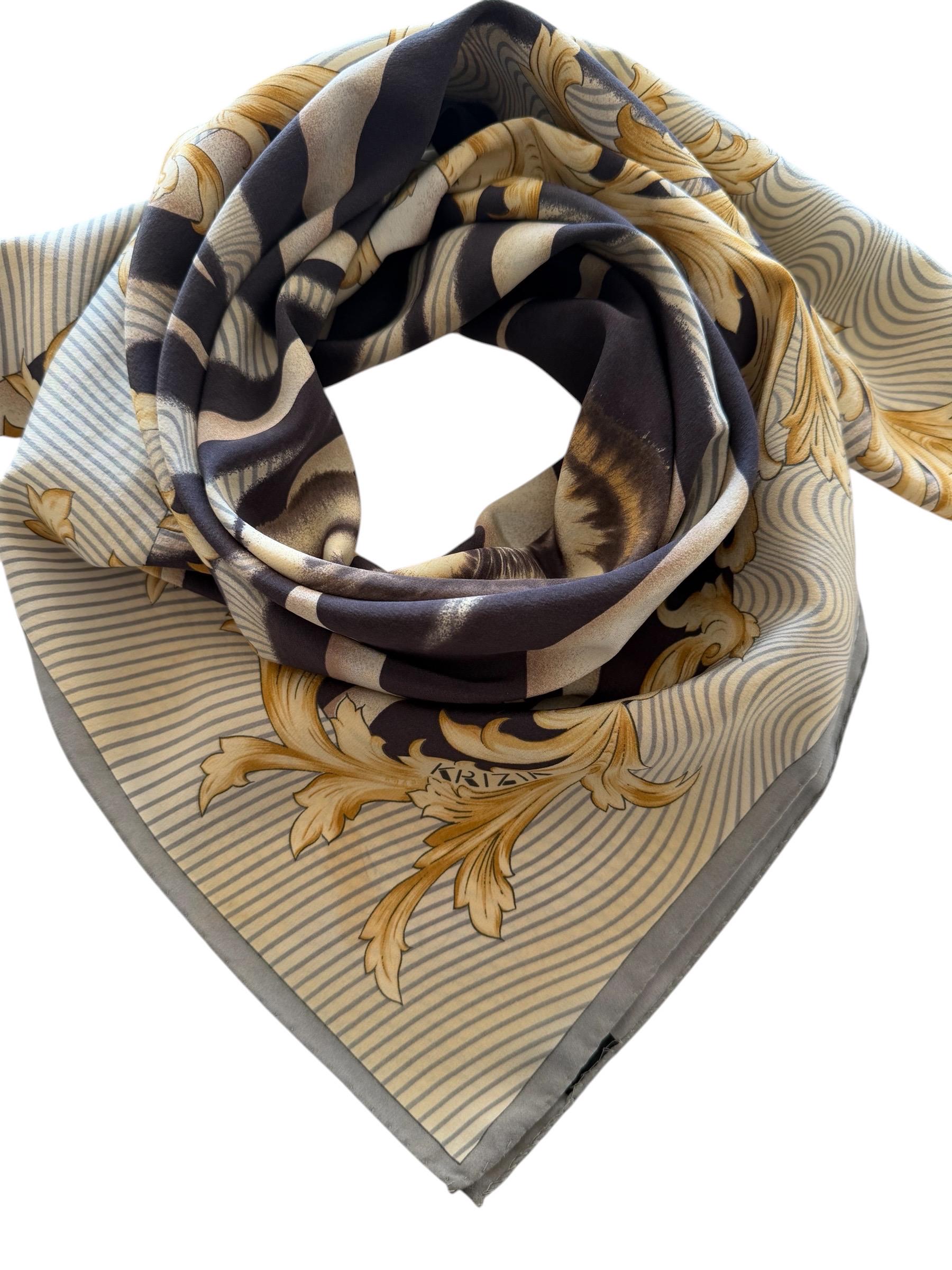 Vintage KRIZIA Silk Scarf Tiger Zebra Print Baroque Italy Brown