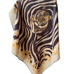 Vintage KRIZIA zijden sjaal tijgerzebraprint barok Italië bruin beige zwart