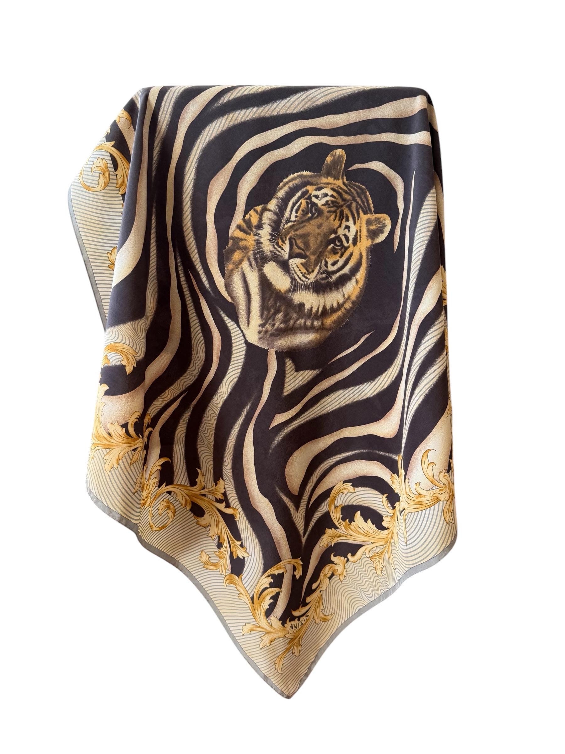Vintage KRIZIA Silk Scarf Tiger Zebra Print Baroque Italy Brown