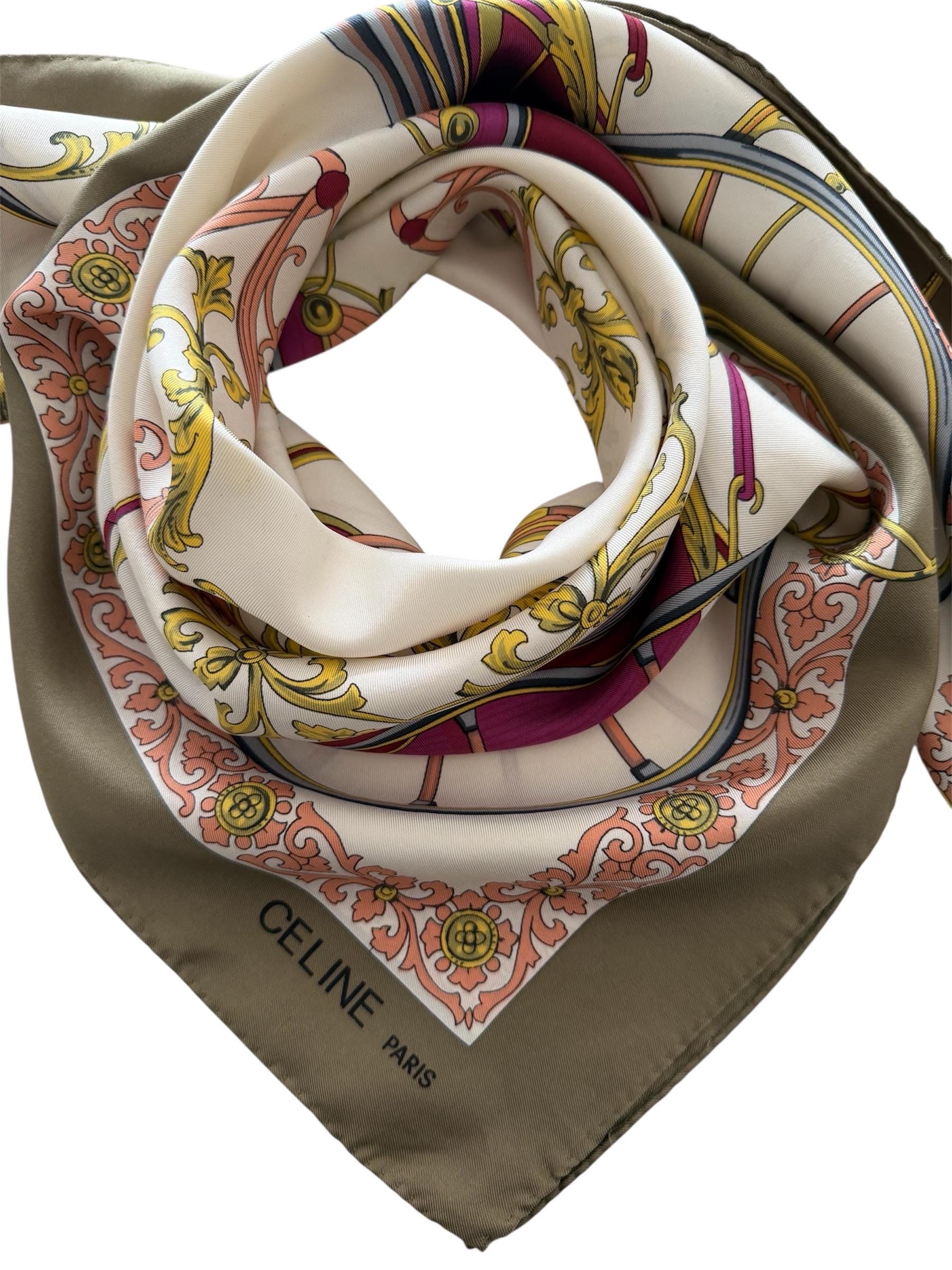 Vintage Celine Paris Silk Scarf Equestrian Carriage Motif Khaki