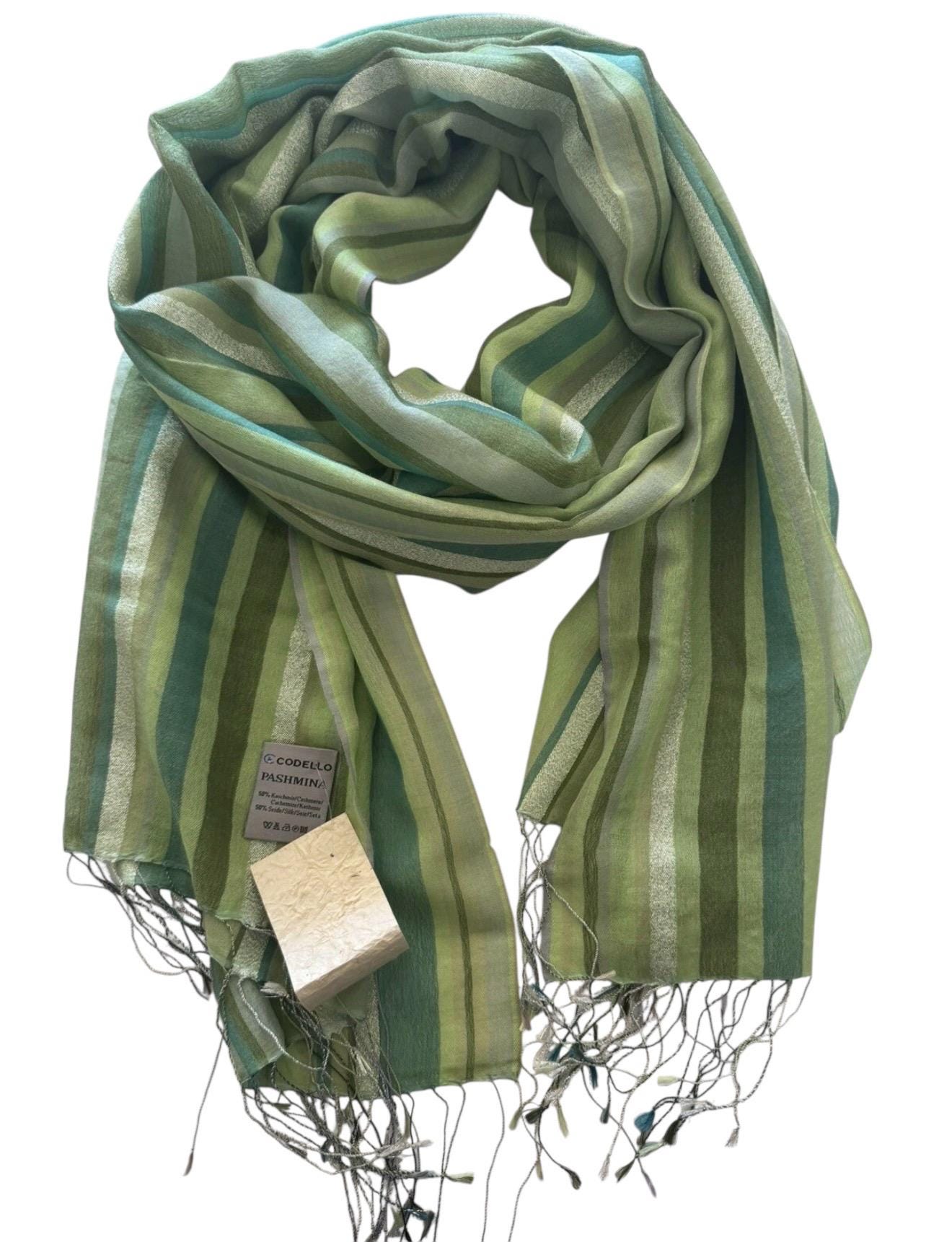Codello Cashmere Silk Large Scarf Pashmina Stole Green Striped