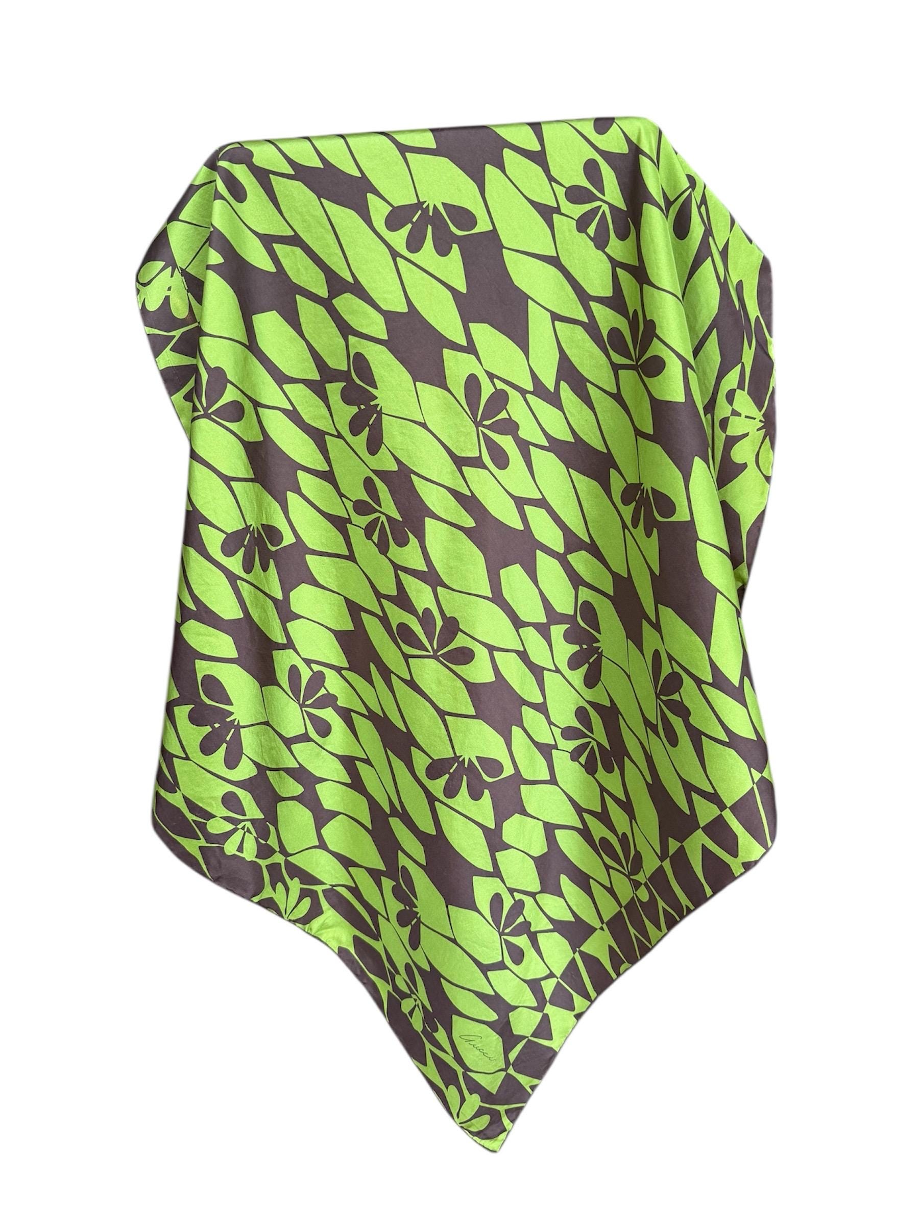 Vintage Gucci Tom Ford Era 100% Silk Scarf Green Brown Botanical