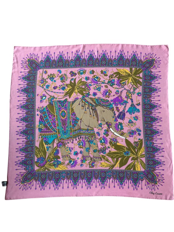 Oleg Cassini Vintage Silk Scarf Elephant Print Pink Boho Luxury Floral Ornate