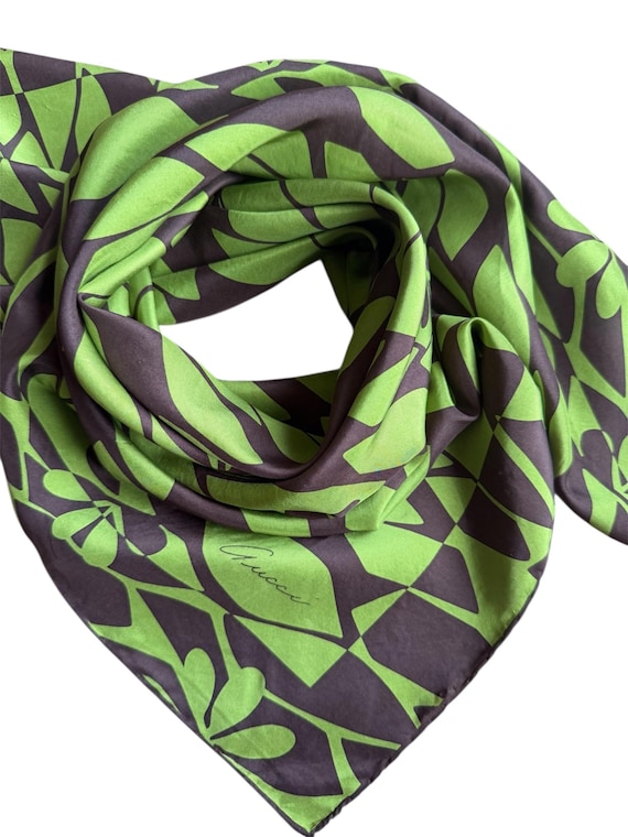 Vintage Gucci Tom Ford Era 100% Silk Scarf Green Brown Botanical