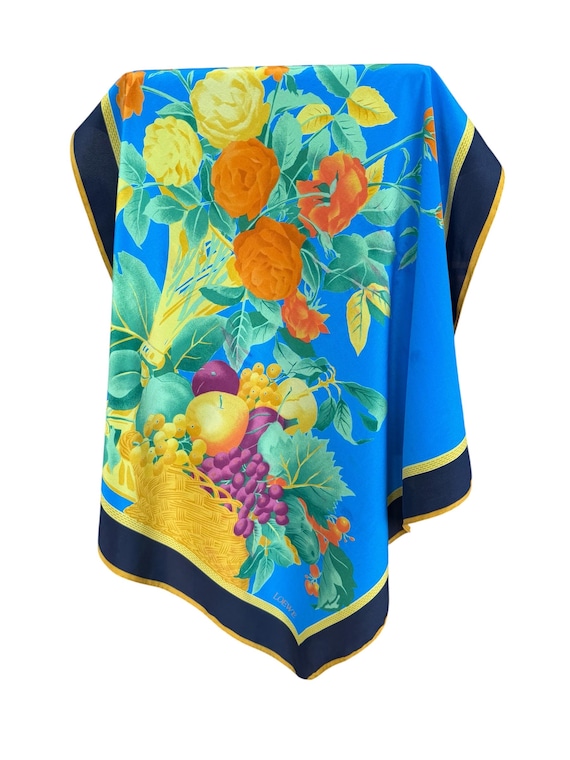 Loewe Vintage Silk Scarf Floral Still Life Fruits Berries Blue