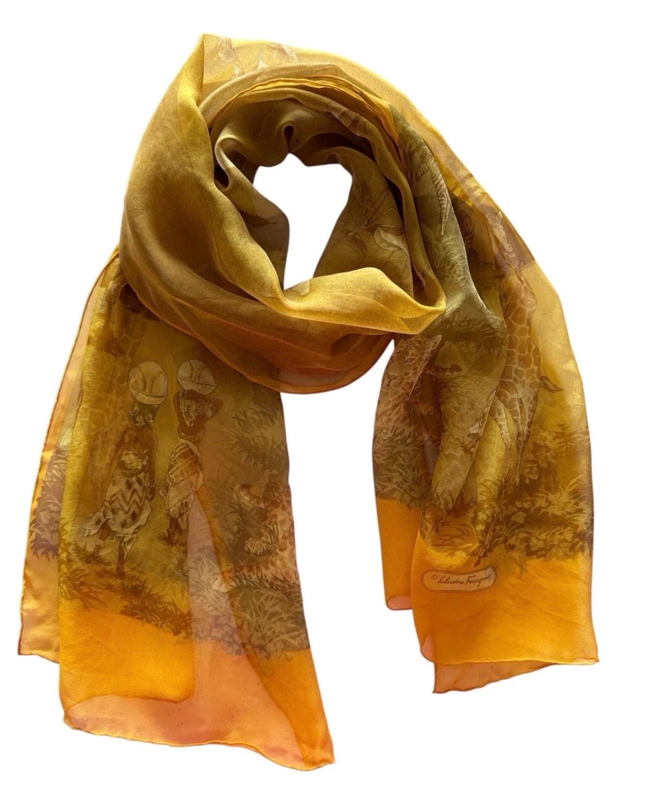 Vintage Salvatore Ferragamo 100% Silk Scarf Yellow African Print