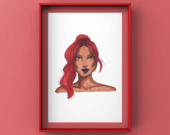 May include: A watercolour portrait of a woman with red hair and dark lipstick, framed in red. The artwork is set against a red background. The woman's hair is styled in a high ponytail with loose waves.