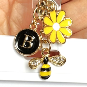Bumblebee Charm: Daisy Accent, Personalized Initial Keychain. Zipper Pull, Lanyard Badge Charm, Planner Notebook Journal Charm