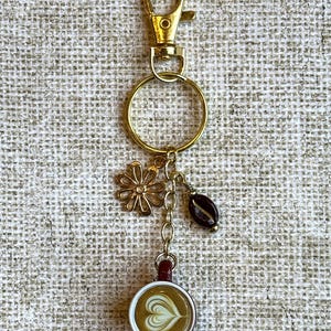 Coffee Lover Keychain: Resin Mug, Coffee Bean, Metal Flower