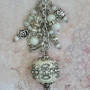 Silver & White Beaded Purse Charm: Paisley Clasp, Rhinestone Bead. Silver and White Bag Charm, Beaded Bag Accessory, Beaded Gift