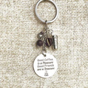 Coffee Lover Keychain: Stainless Steel Charm, Resin Bean & Glass Bead Accents. Friend Keychain, Coffee Charm, Friend Gift, Friend Charm